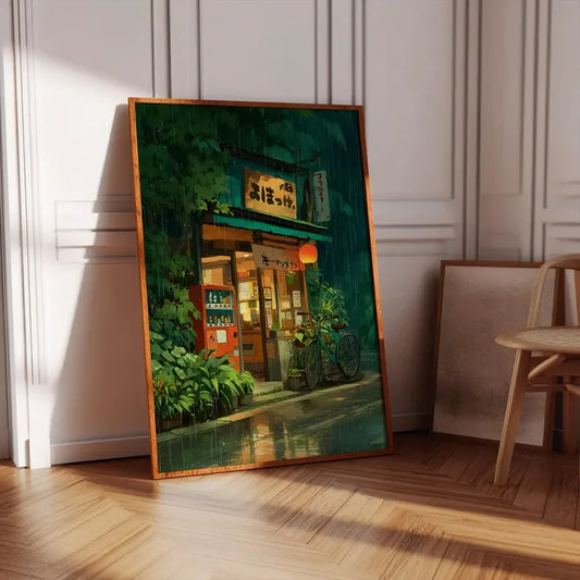 Framed artwork of a Japanese street scene on a wooden floor. Canvas & Curio