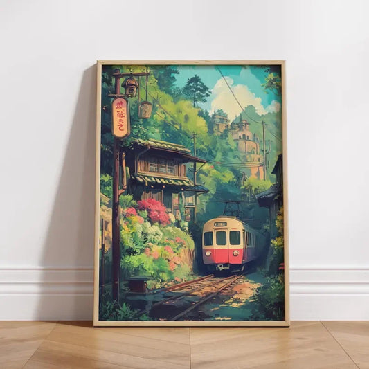 Framed artwork of a train on tracks surrounded by lush greenery and traditional buildings. Canvas & Curio