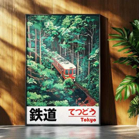 Framed artwork of a red train in a forest with 'Tokyo' text on a wooden wall. Canvas & Curio