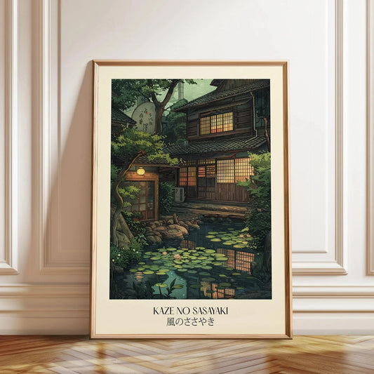 Framed artwork of a Japanese house with a pond on a wall. Canvas & Curio