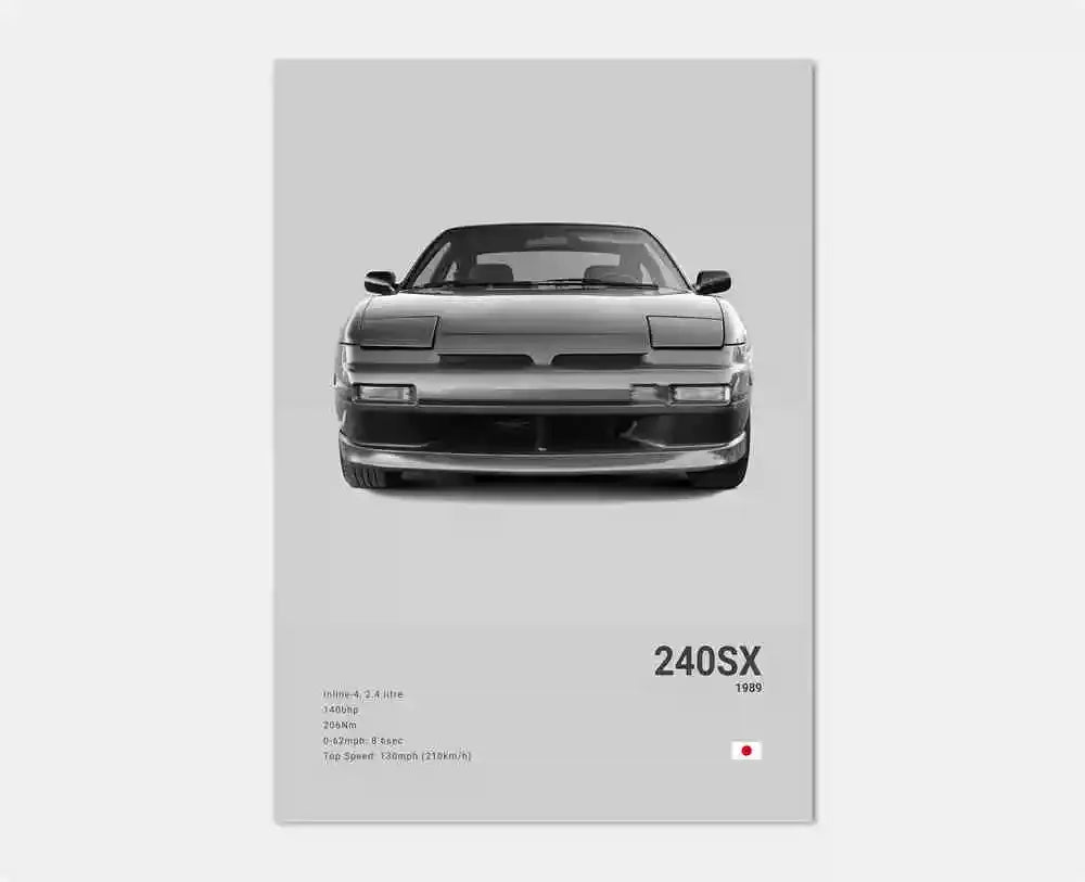 Poster of a car with '240SX' text on a gray background