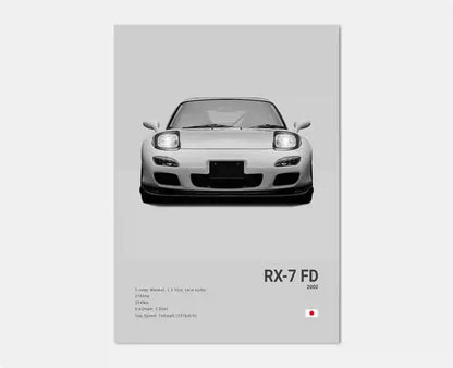 Poster of a car with text and design elements on a gray background
