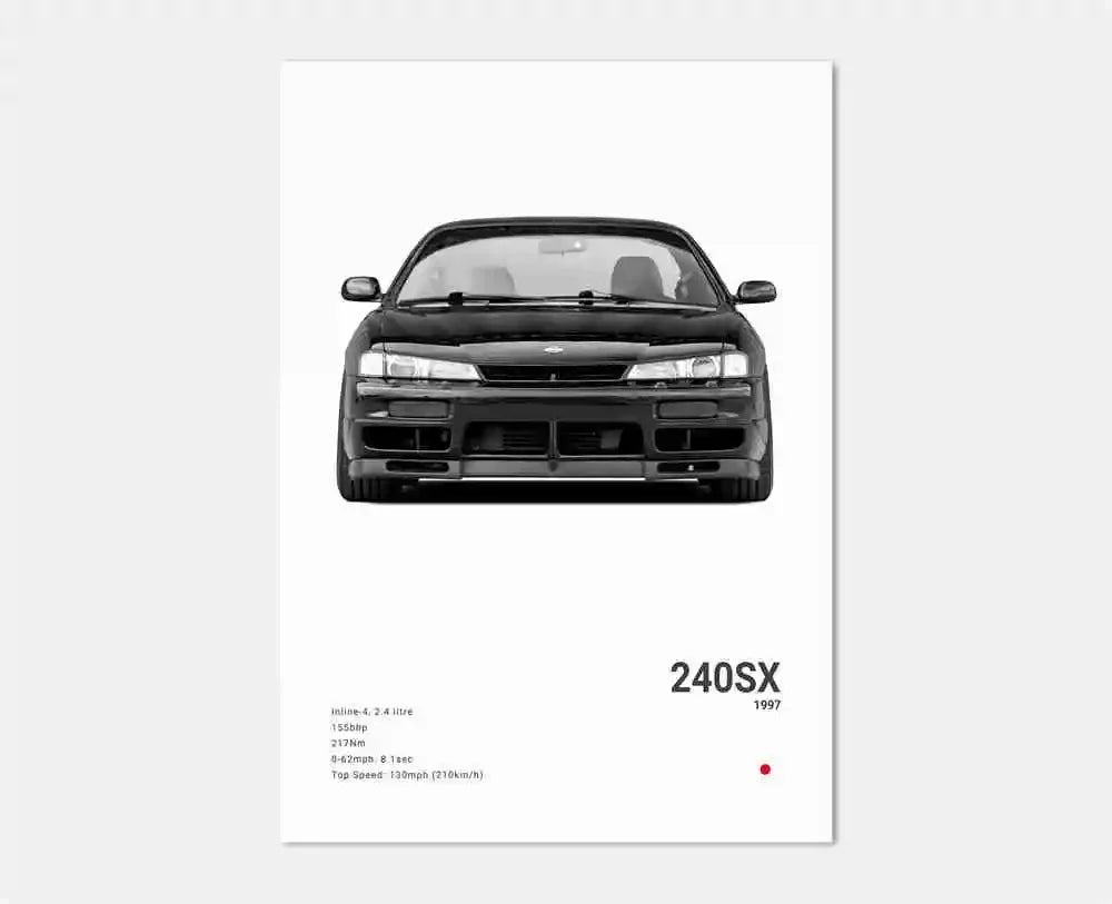 Black and white illustration of a car with '240SX 1997' text on a white background