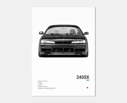 Black and white illustration of a car with '240SX 1997' text on a white background
