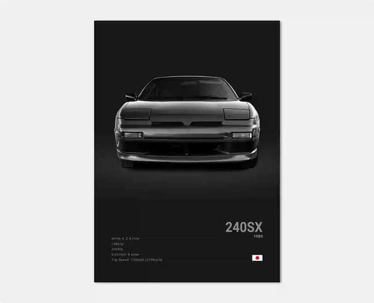 Black and white car poster featuring a 1989 Nissan 240SX on a black background. Canvas & Curio