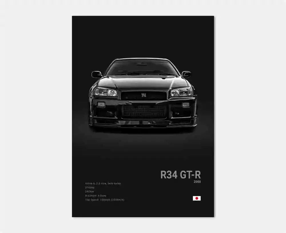 Black and white image of a car with 'R34 GT-R' text on a dark background