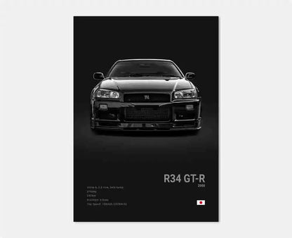 Black and white image of a car with 'R34 GT-R' text on a dark background