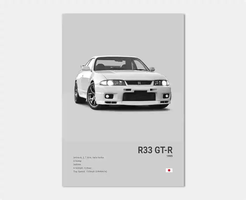 Poster of a white Nissan R33 GT-R on a gray background