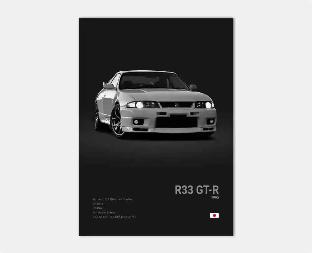Poster of a white Nissan R33 GT-R on a black background