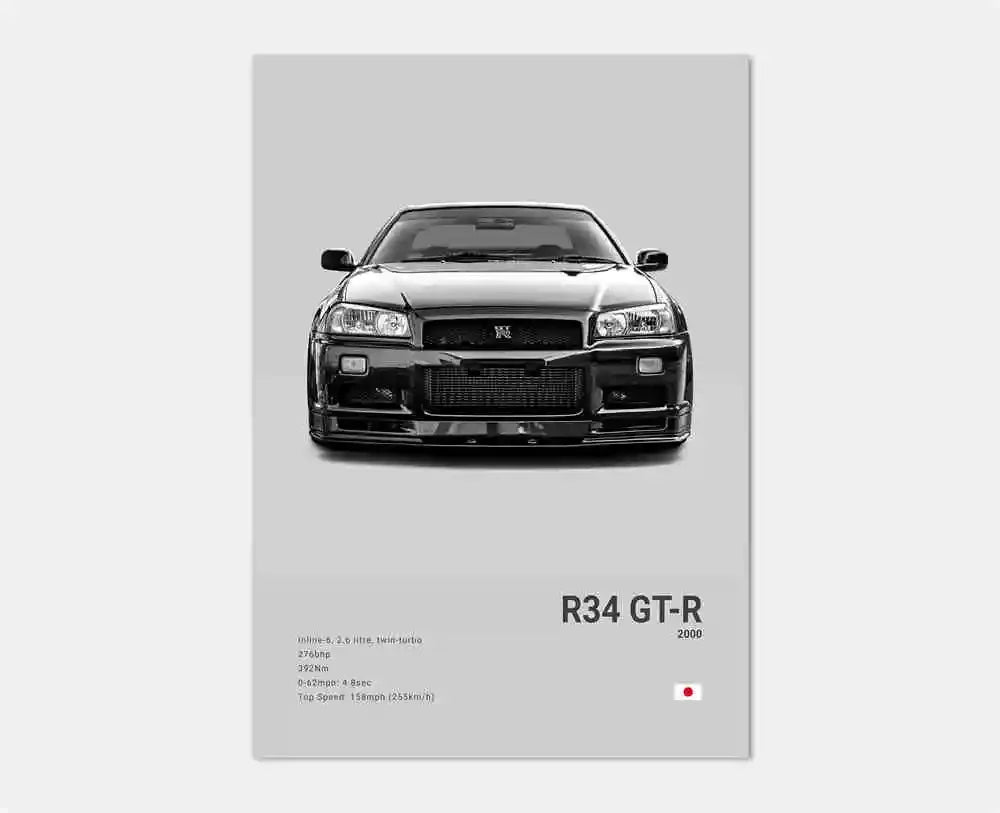 Nissan R34 GT-R poster on a gray background