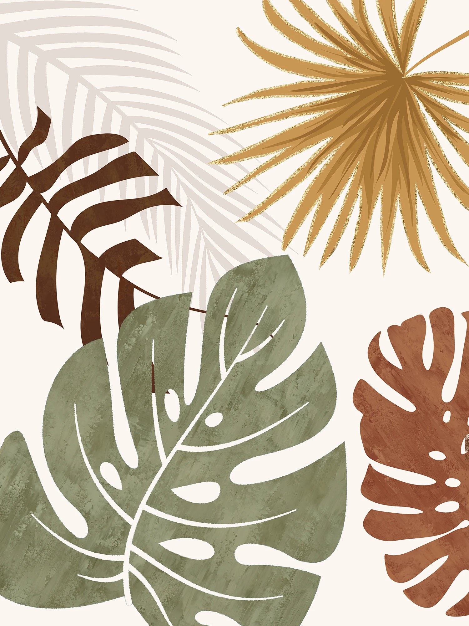 Decorative pattern of stylized leaves in brown, green, and orange on a beige background