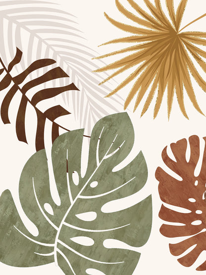 Decorative pattern of stylized leaves in brown, green, and orange on a beige background