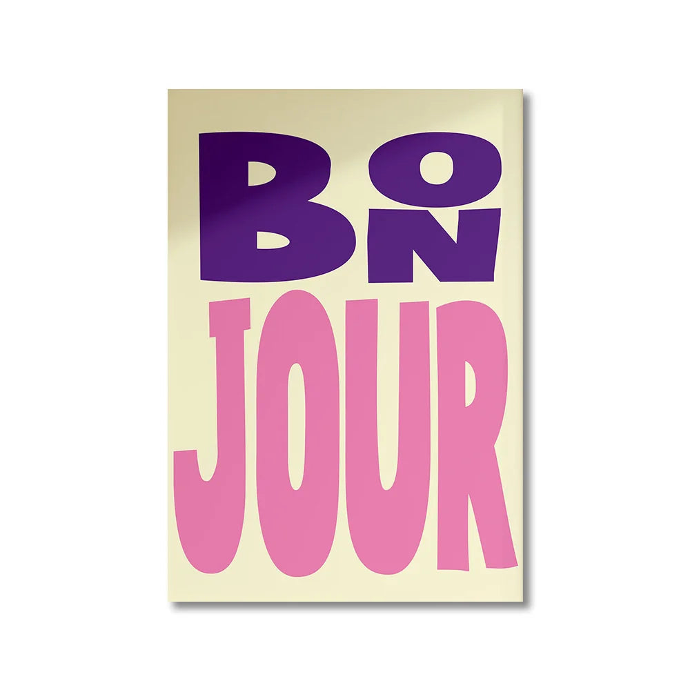Poster with 'Bonjour' text in purple and pink on a beige background