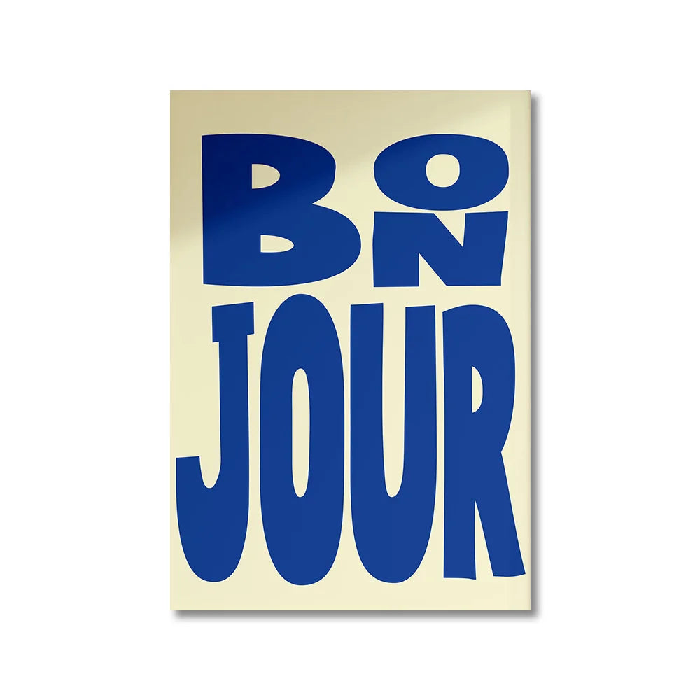 Poster with 'Bonjour' text in blue on a beige background