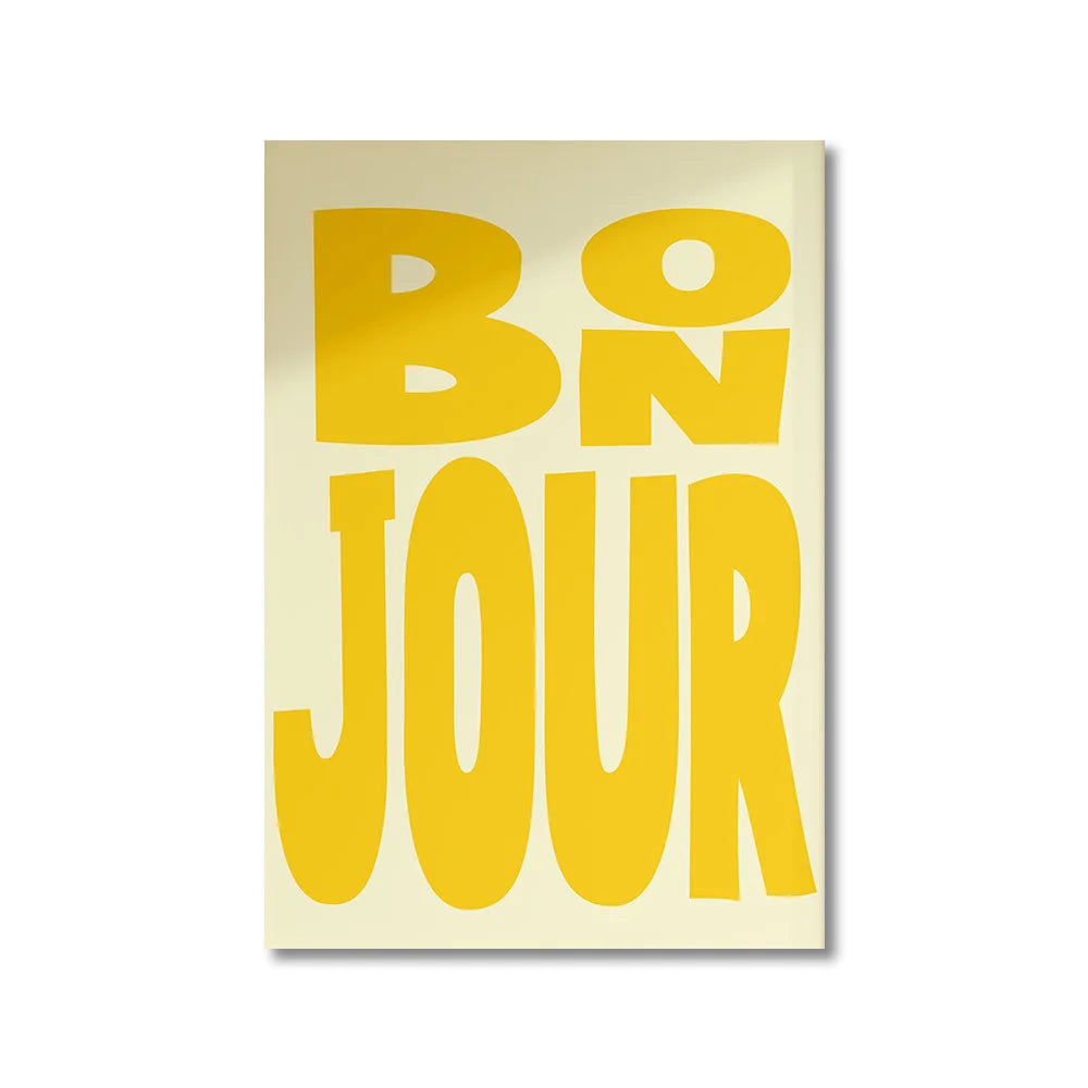 Poster with 'Bonjour' text in yellow on a beige background