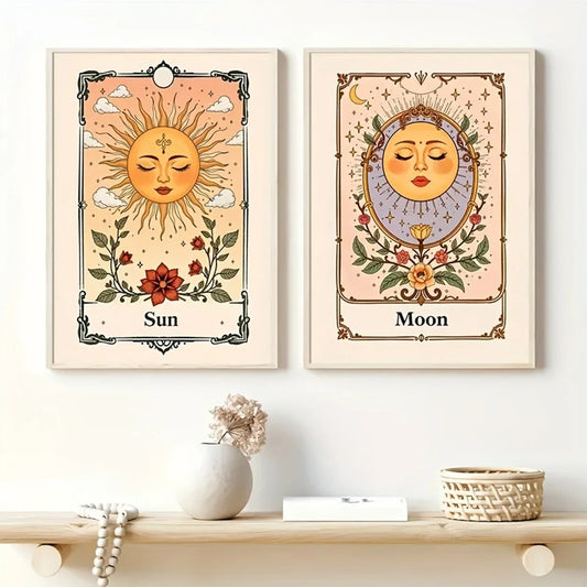 Two framed artworks titled 'Sun' and 'Moon' on a shelf with decorative items. Canvas & Curio