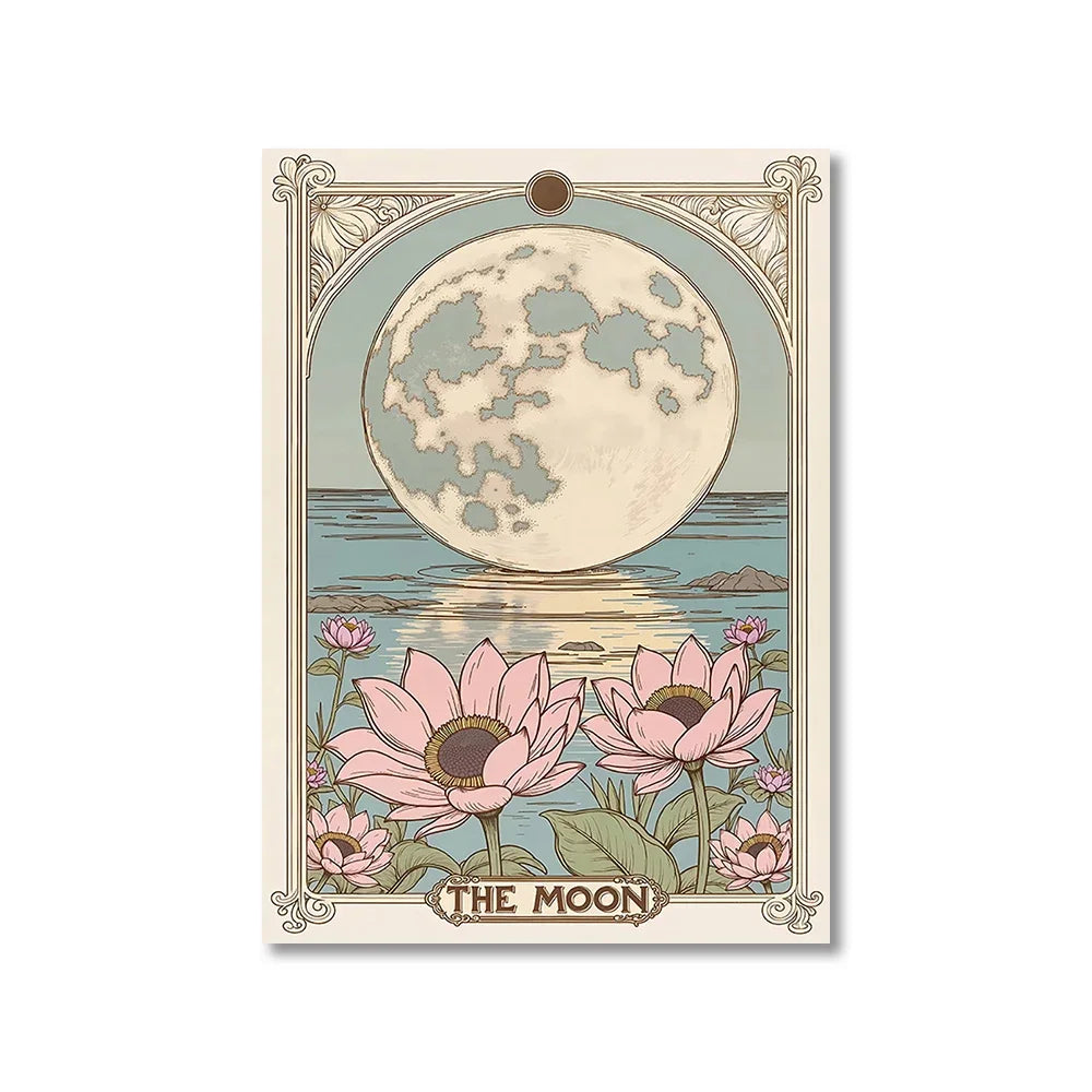 Vintage-style card featuring a moon and flowers with 'The Moon' text on a white background.