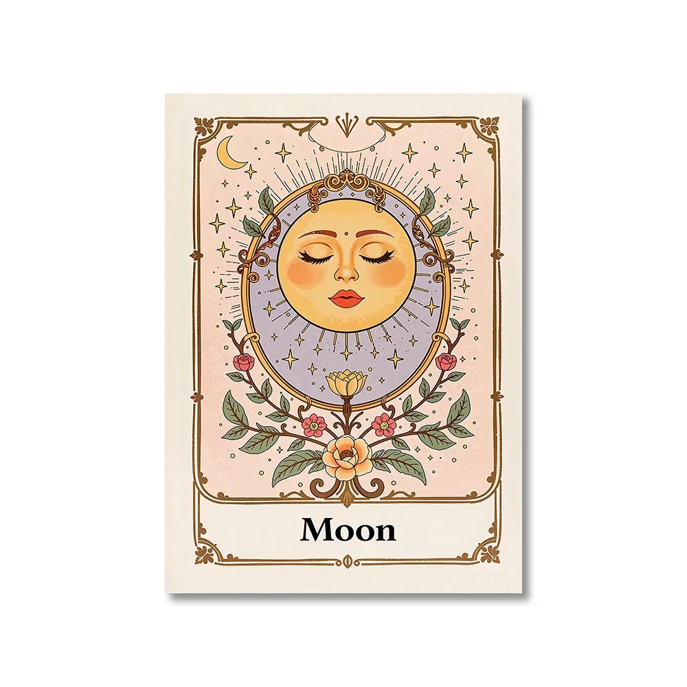 Decorative card featuring a stylized moon face with floral elements on a beige background.