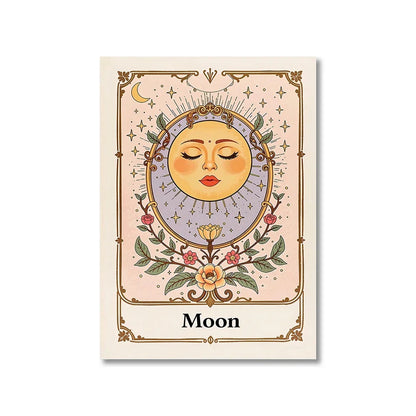 Decorative card featuring a stylized moon face with floral elements on a beige background.