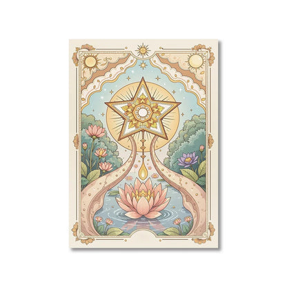 Decorative card with a star design and floral elements on a white background