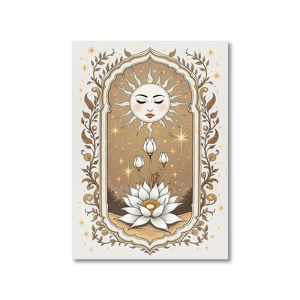 Decorative card with sun and flower design on a white background