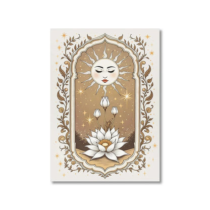 Decorative card with sun and flower design on a white background