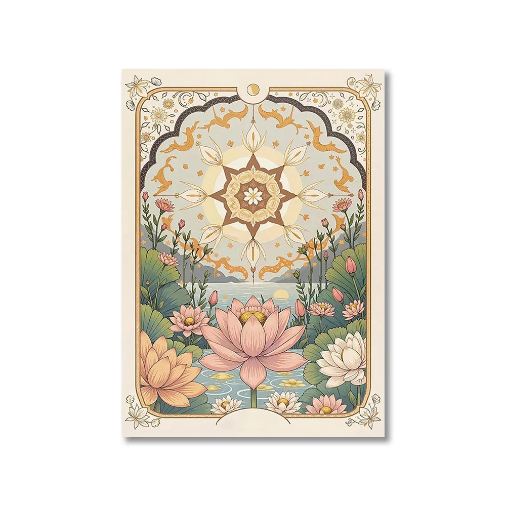 Decorative card with floral and mandala design on a white background