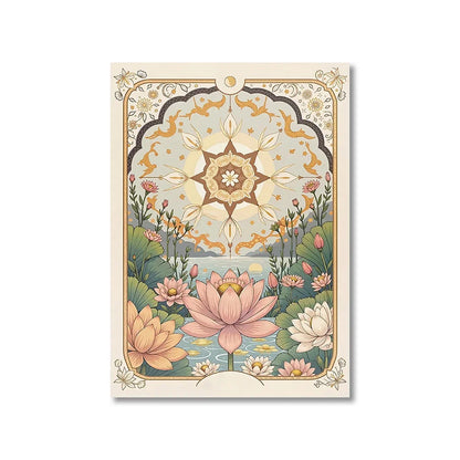 Decorative card with floral and mandala design on a white background