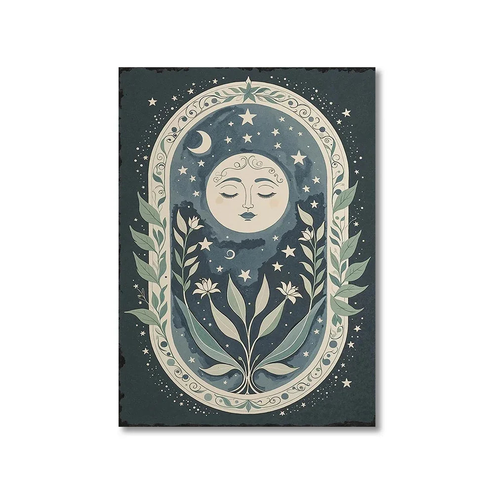 Decorative wall art with celestial design featuring a face between stars and leaves on a dark background.