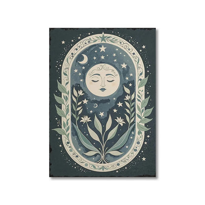 Decorative wall art with celestial design featuring a face between stars and leaves on a dark background.