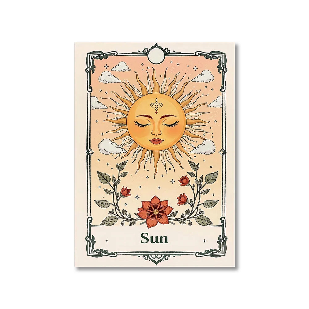 Card featuring a stylized sun with facial features, flowers, and leaves on a beige background.