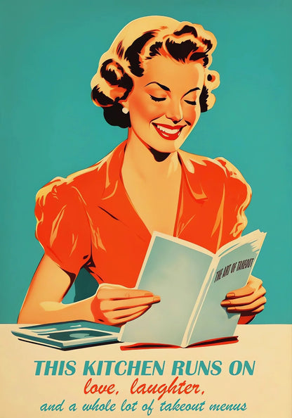 Vintage-style poster of a woman reading a book with text about takeout menus.