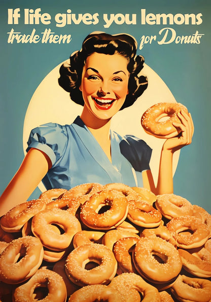Vintage-style poster with a woman holding bagels and text about trading lemons for donuts.