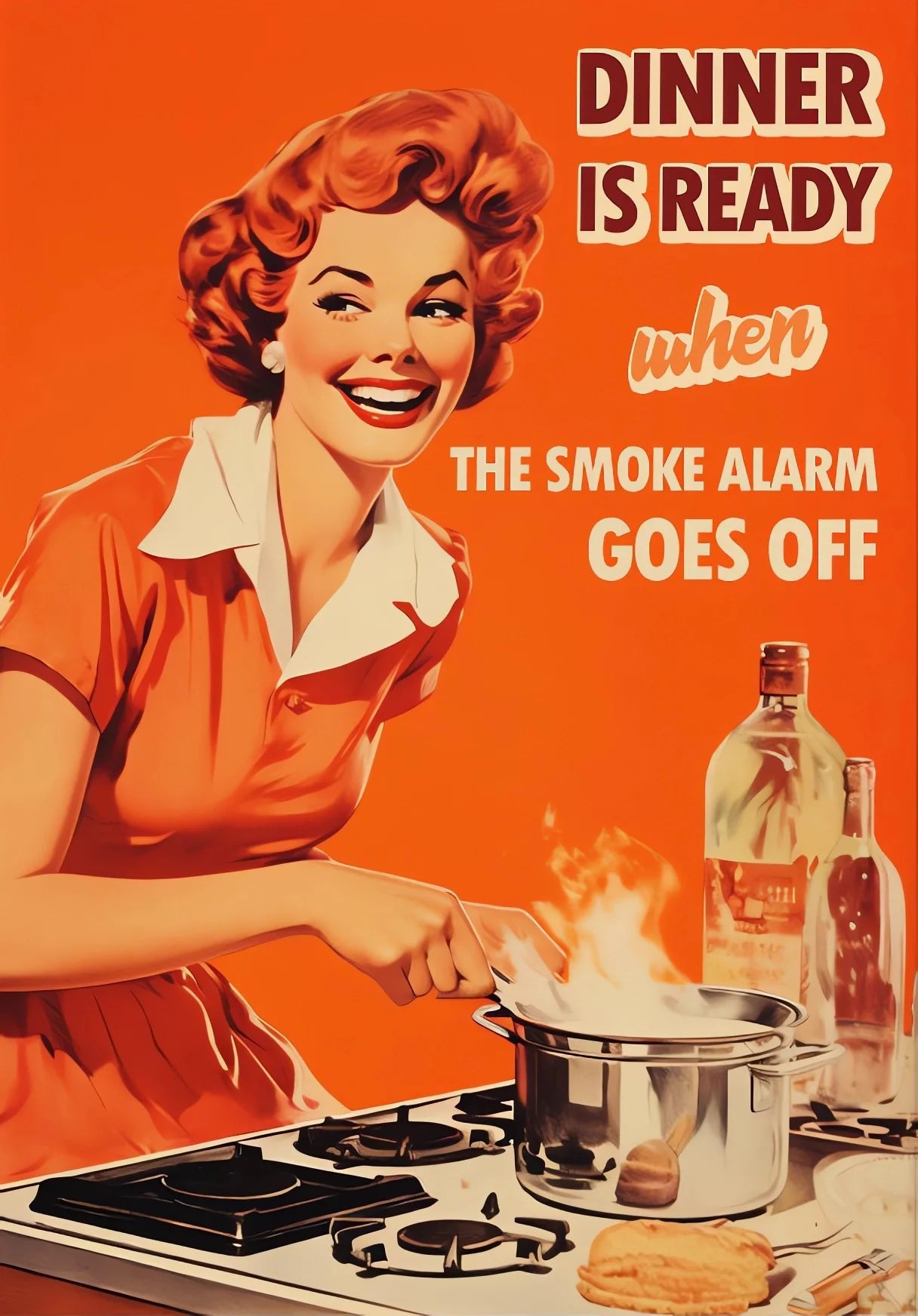 Vintage-style poster with a woman cooking and text about a smoke alarm, on an orange background.