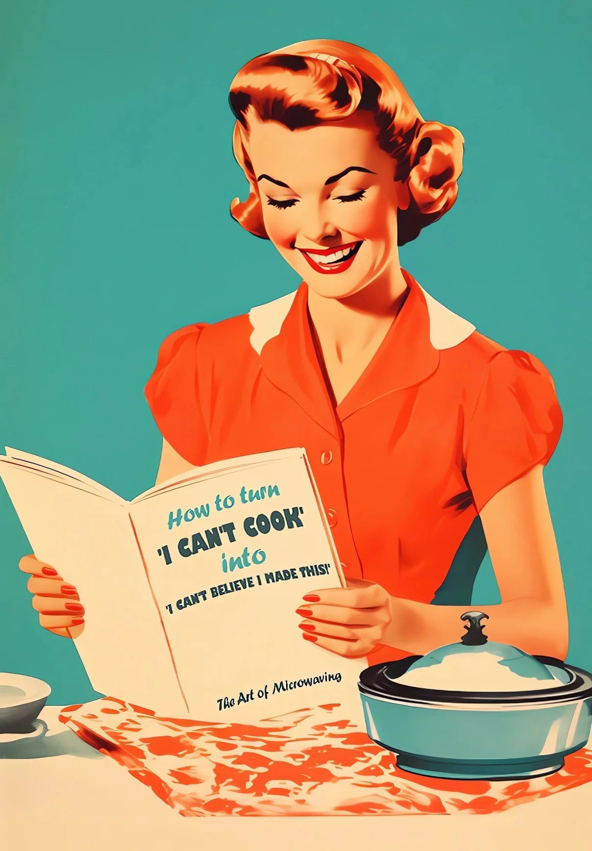 Vintage-style illustration of a woman reading a cookbook with a retro kitchen setting.