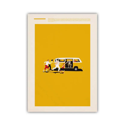 Framed artwork with a yellow background and a black and white bus illustration.