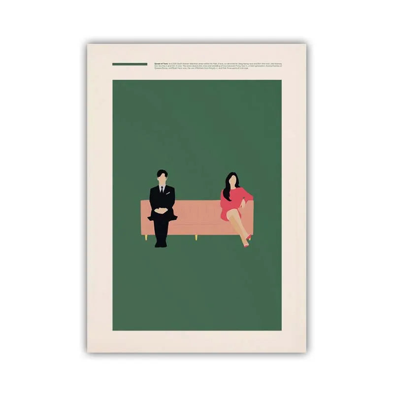 Framed artwork of a man and woman sitting on a couch against a green background