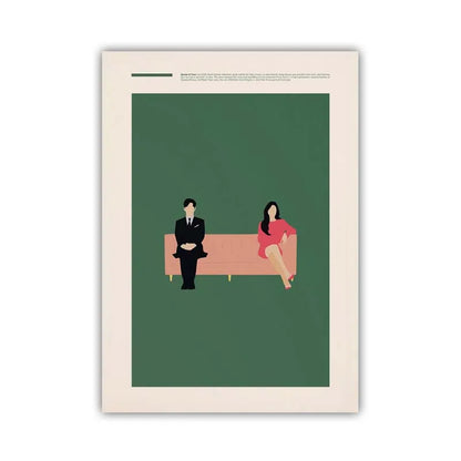Framed artwork of a man and woman sitting on a couch against a green background