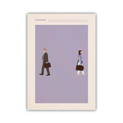 Framed artwork of two people walking with briefcases on a purple background