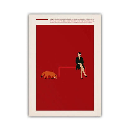 Framed artwork of a woman and dog on a red background