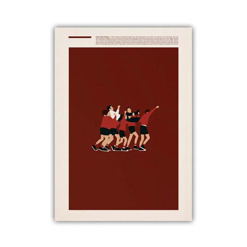 Framed artwork of a group of people in red shirts on a brown background