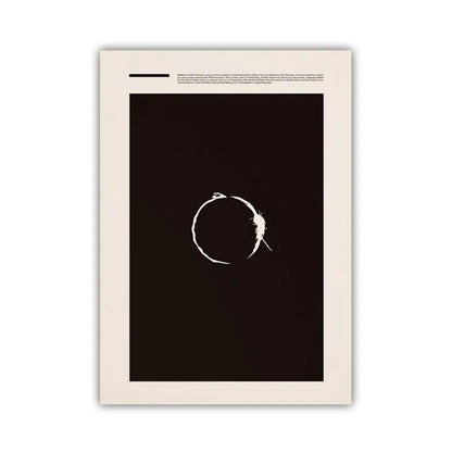 Framed minimalist art print with a black background and white abstract design.