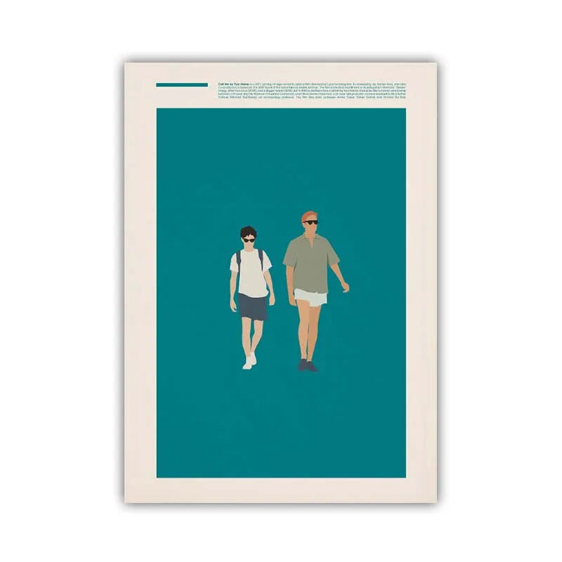 Framed artwork of two people walking on a teal background