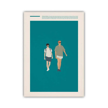 Framed artwork of two people walking on a teal background