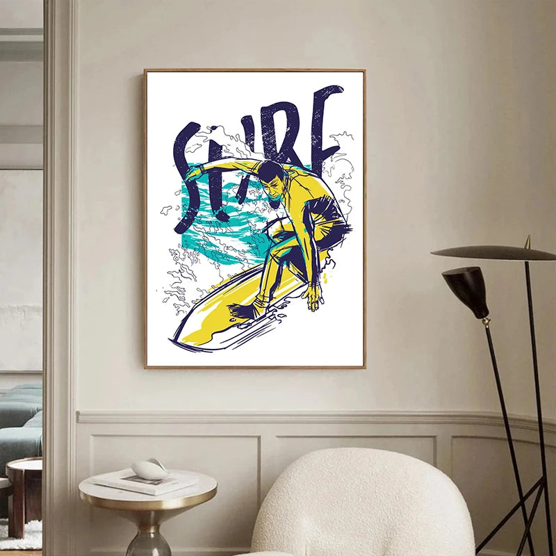 Framed artwork of a surfer with 'Surf' text in a modern interior setting.