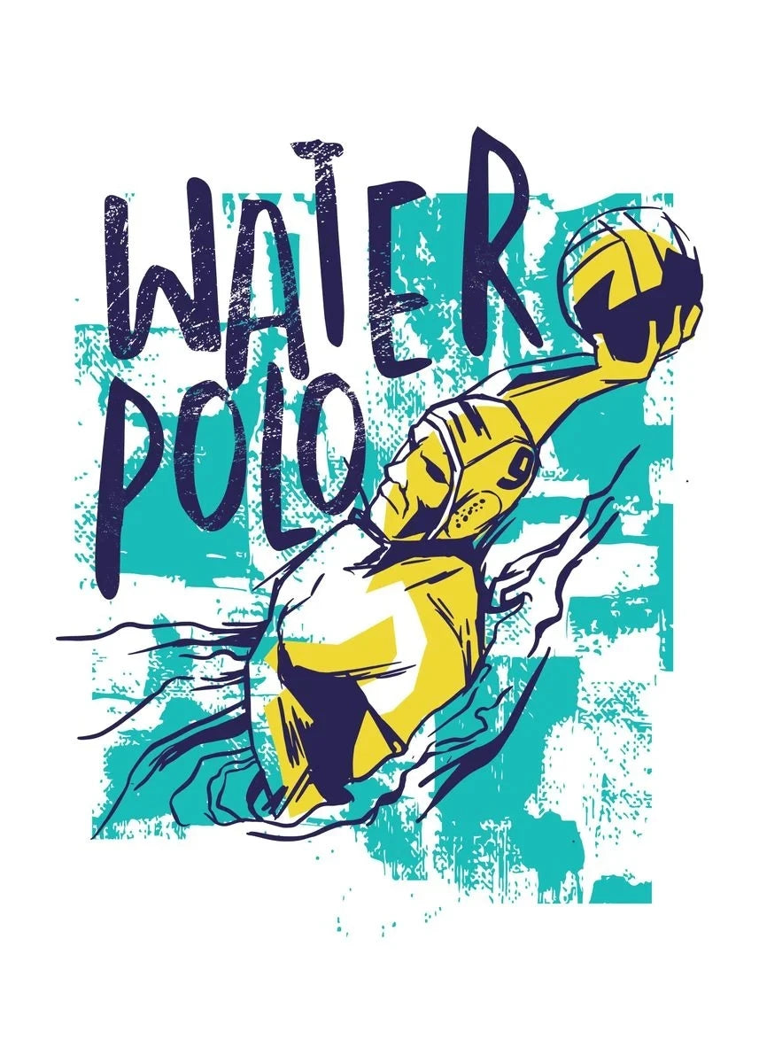Illustration of a water polo player with a ball against a blue and white background, featuring the word 'Water Polo'.