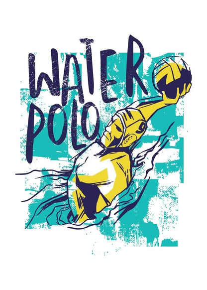 Illustration of a water polo player with a ball against a blue and white background, featuring the word 'Water Polo'.