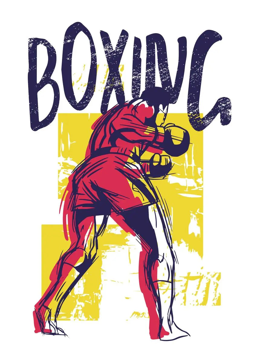 Boxer in red and black with 'BOXING' text on a yellow and white background
