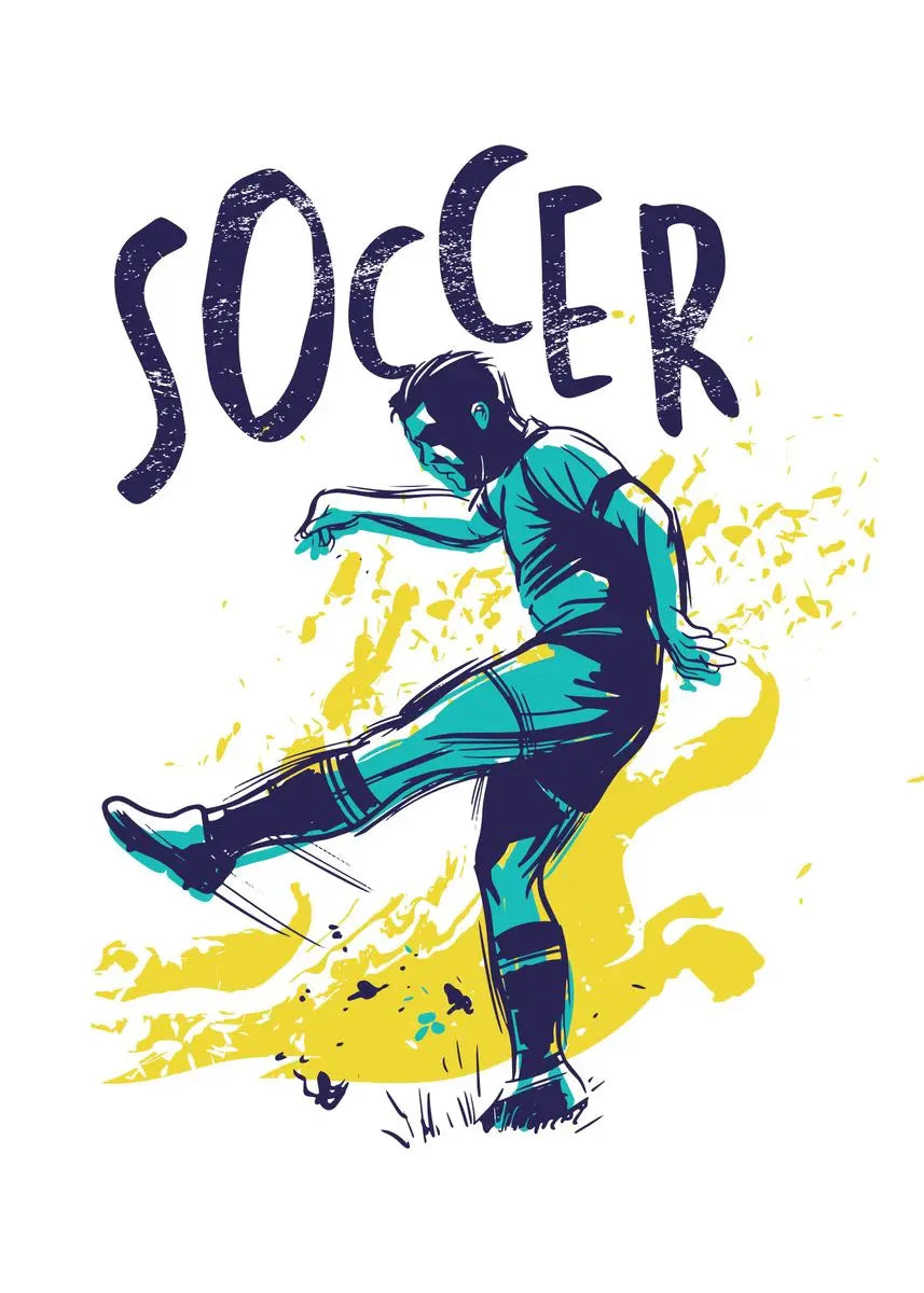 Illustration of a soccer player kicking a ball with 'SOCCER' text above on a white background