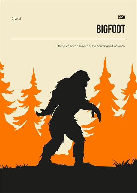 Silhouette of Bigfoot in a forest with orange and beige background